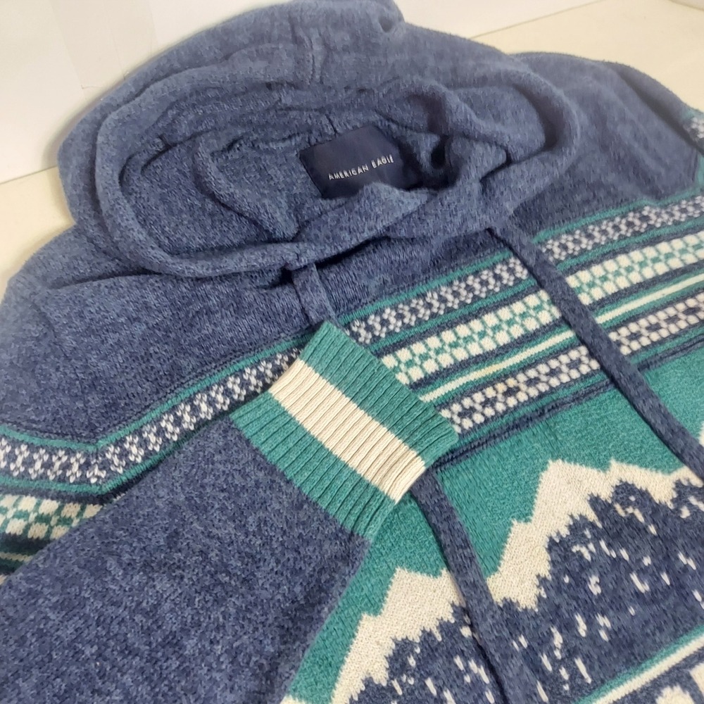 American Eagle Pullover Hoodie Sweater Knit Fair Isle Mountain Blue Green Small